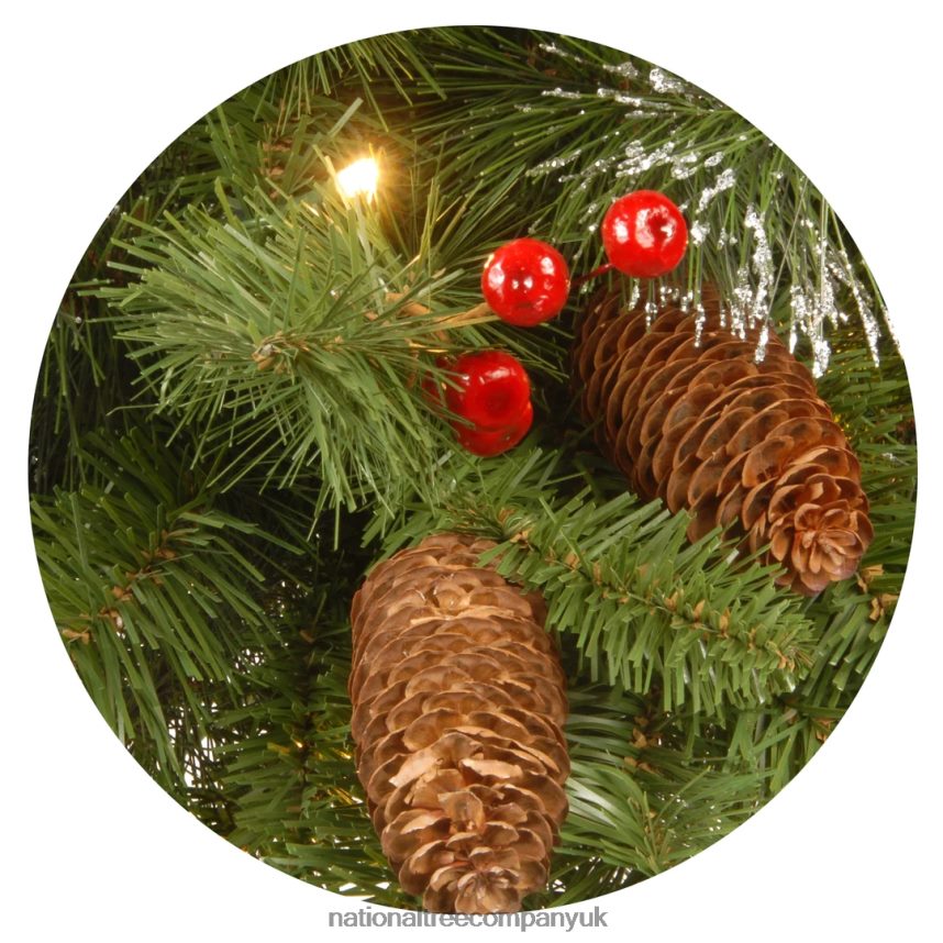 Greenery | National Tree Company Pre-Lit Artificial Christmas Wreath Green Crestwood Spruce White Lights Plug-In Decorated with Pine Cones Berry Clusters Christmas Collection 24 Inches F2L4F22
